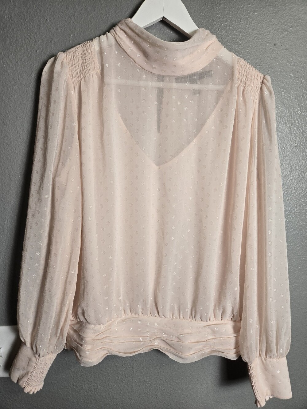 White House Black Market Light Pink Sheer Mock Neck Blouse Size 12